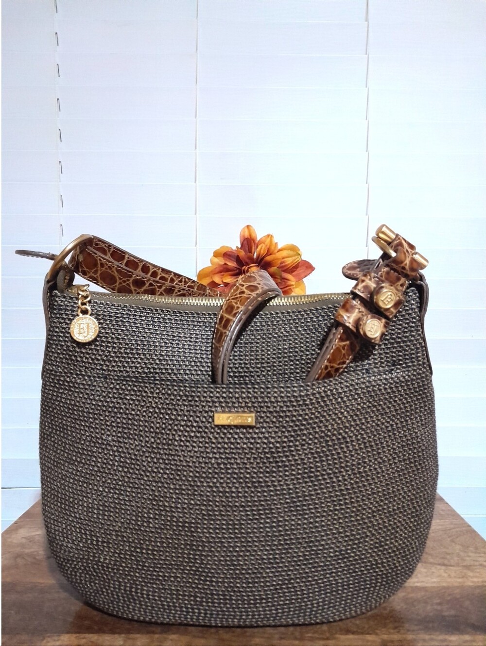 Eric Javits Squishee Hobo Bag Woven Brown Croc Leather Trim Shoulder Handbag
